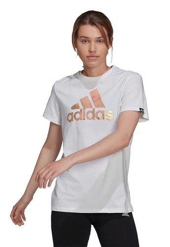 

Женская футболка Adidas с изображением движения из фольги, белый/золотой металлик, White/ gold metallic