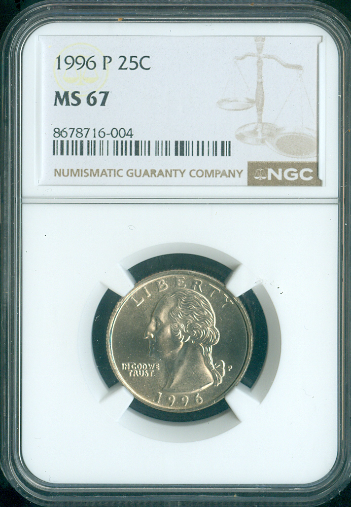 1996 P WASHINGTON QUARTER NGC MS67 SPOTLESS .