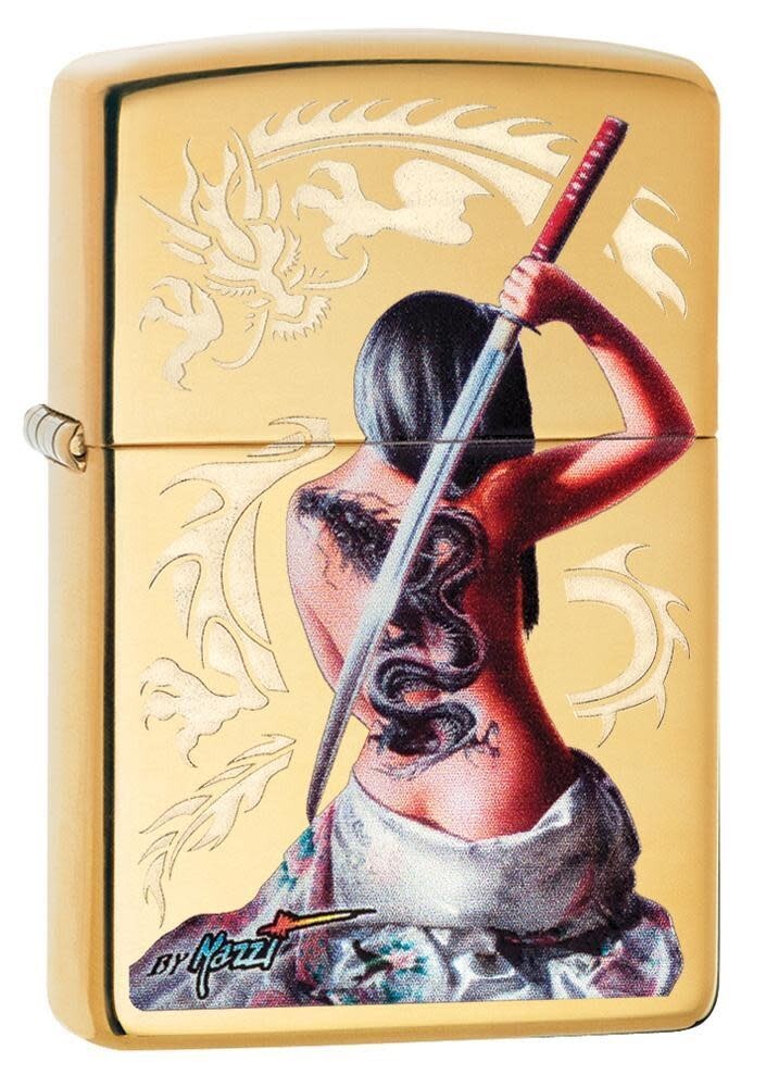 Zippo 29668, Mazzi-Woman & Sword Design, зажигалка из полированной латуни