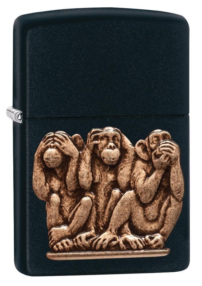 Zippo 29409, 3 Monkeys Design-See No Evil-Etc, эмблема, черная матовая зажигалка