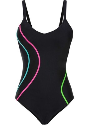 Shape Badeanzug Gr 52 schwarz Einteiler bunte Paspel Shaping Bademode V-Neck neu