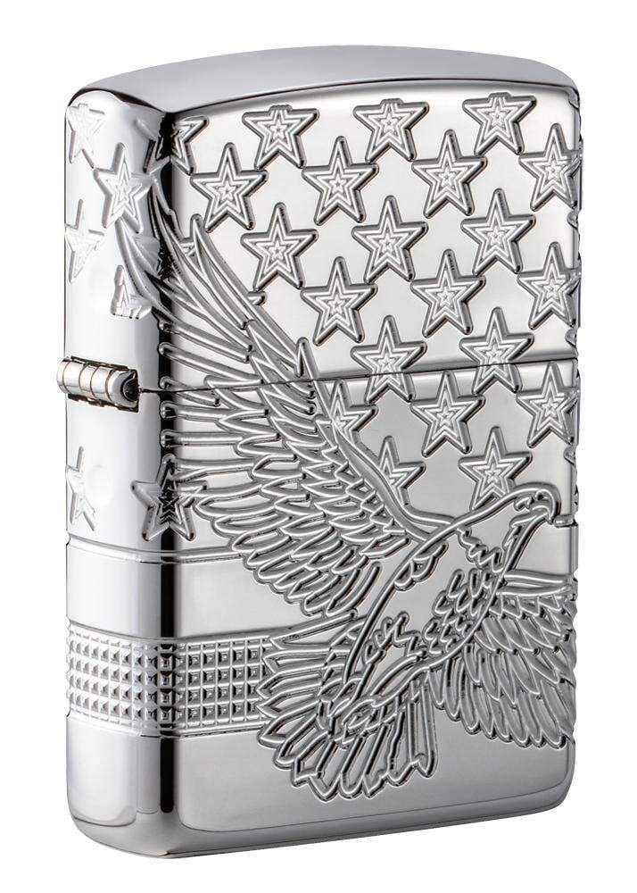 Zippo 49027, зажигалка Eagle & Flag с глубокой резьбой и полированной хромированной отделкой