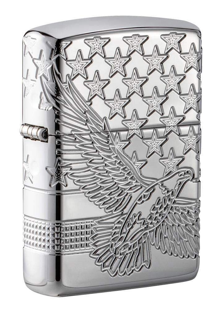 Zippo 49027, зажигалка Eagle & Flag с глубокой резьбой и полированной хромированной отделкой