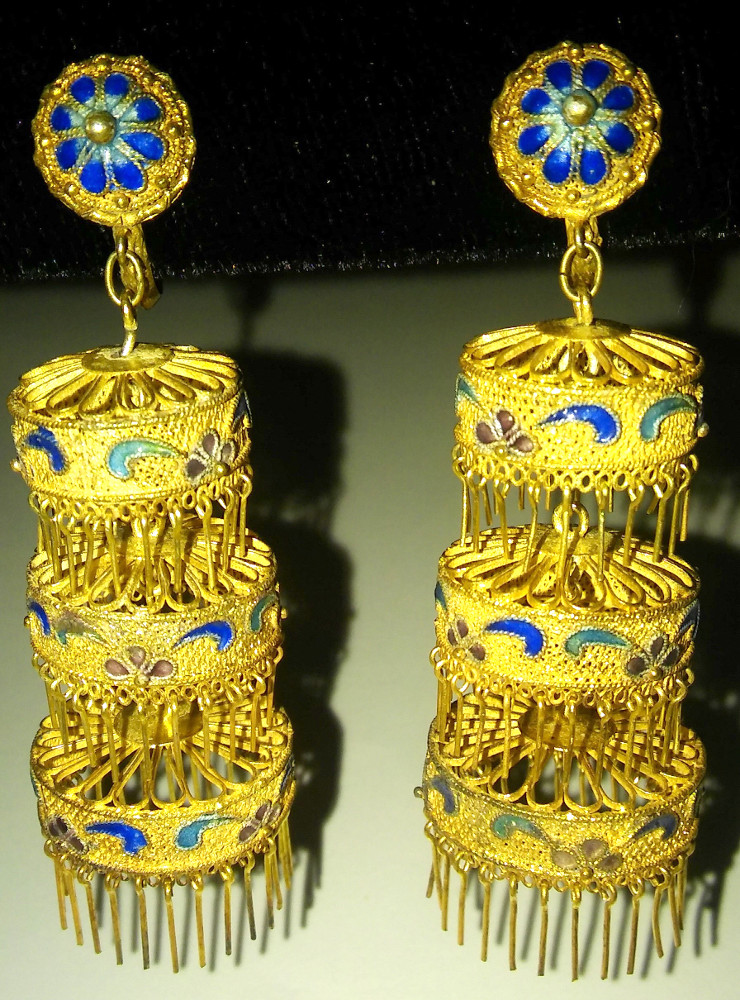Antique Chinese Silver Enamel Cloisonne Earrings Qing Gold Filigree Estate LONG