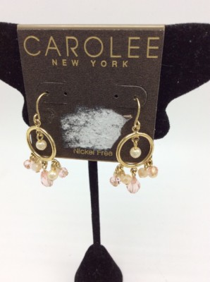 $45 Carolee gold tone imitation pearl & Rose Quartz Gypsy hoop earrings C5