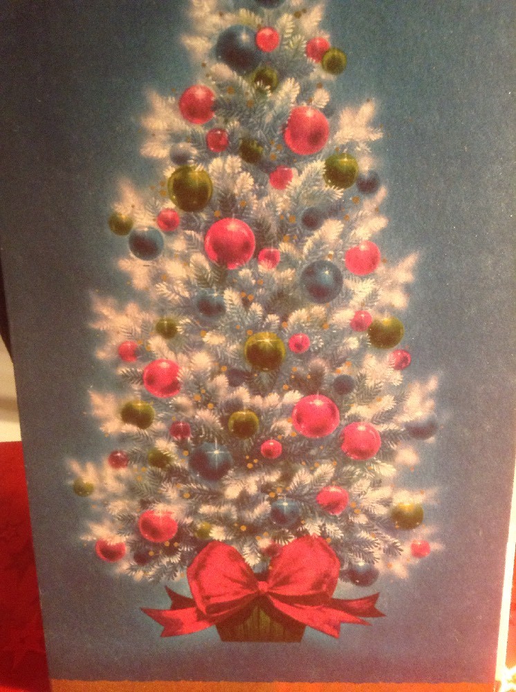 vintage christmas greeting card turquoise and pink