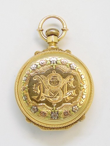 RARE Antique Elgin 18K Tri Color Gold Box Hinge Hunter Case Sulky Pocket Watch
