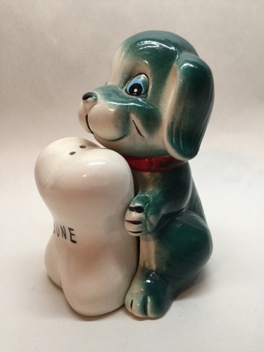 Whimsical Dog with Bone Salt and Pepper Shakers Vintage Green Puppy Japan vtg W5