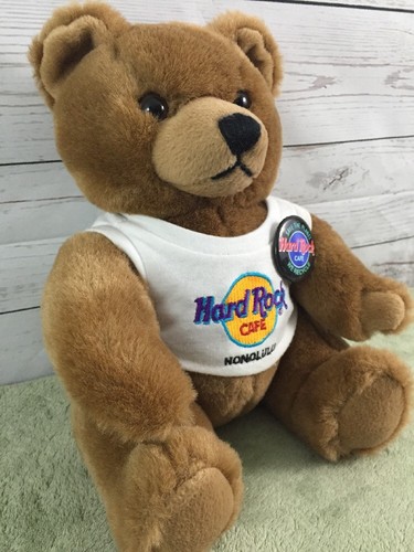 Hard Rock Cafe Honolulu Teddy Bear Brown Plush White Shirt And Recycle Button