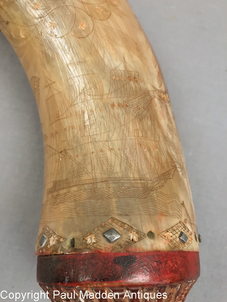 Antique 19th C. American Scrimshaw Powder Horn