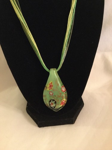 Vintage Green Lampwork Foil Glass Pendant 17” To 18.5” Ribbon Necklace
