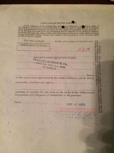 Appalachian Power Company (Virginia) stock certificate Francis I Du Pony & Co