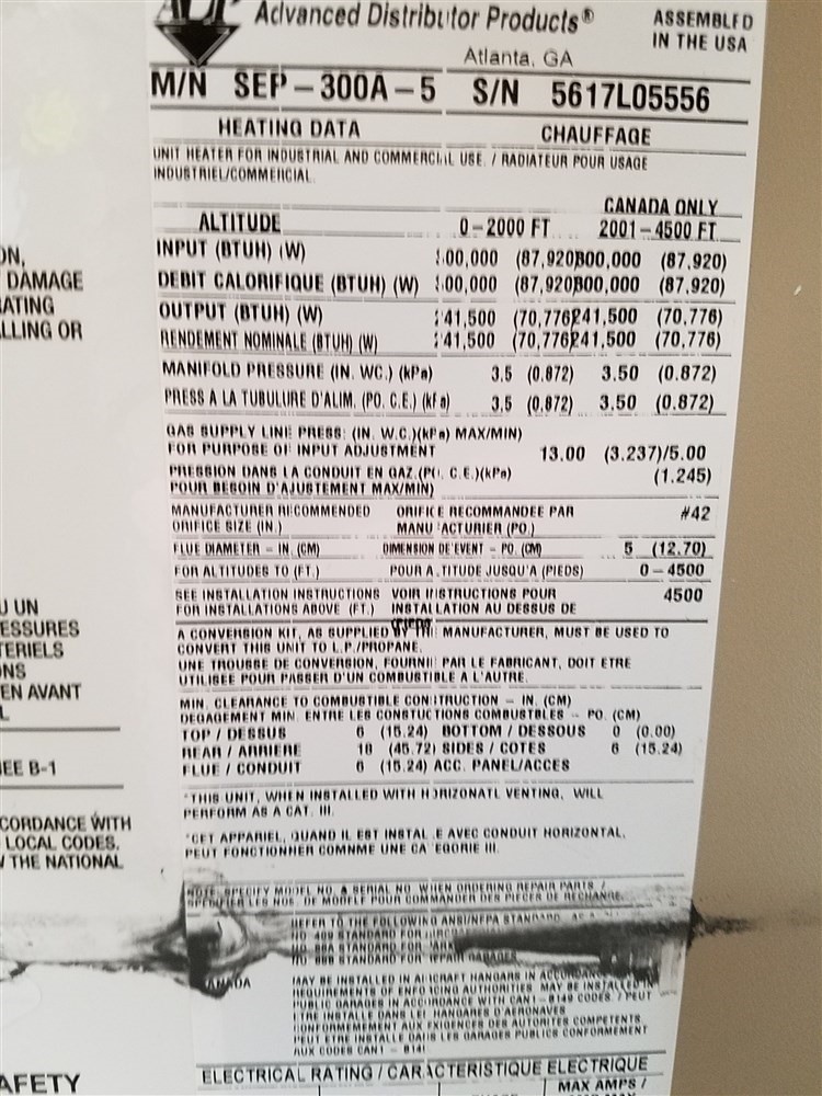 New ADP SEP-300A-5 300,000 BTU Heater w/ minor freight damage
