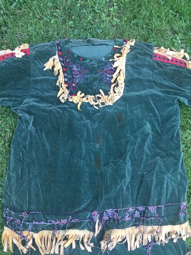 Vintage Reenactment Frontierswoman Or Indian Green Outfit With Fringe & Beads