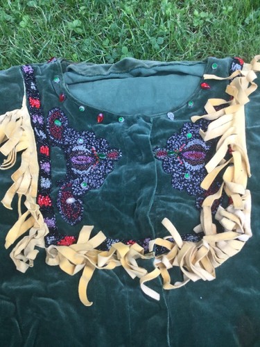 Vintage Reenactment Frontierswoman Or Indian Green Outfit With Fringe & Beads