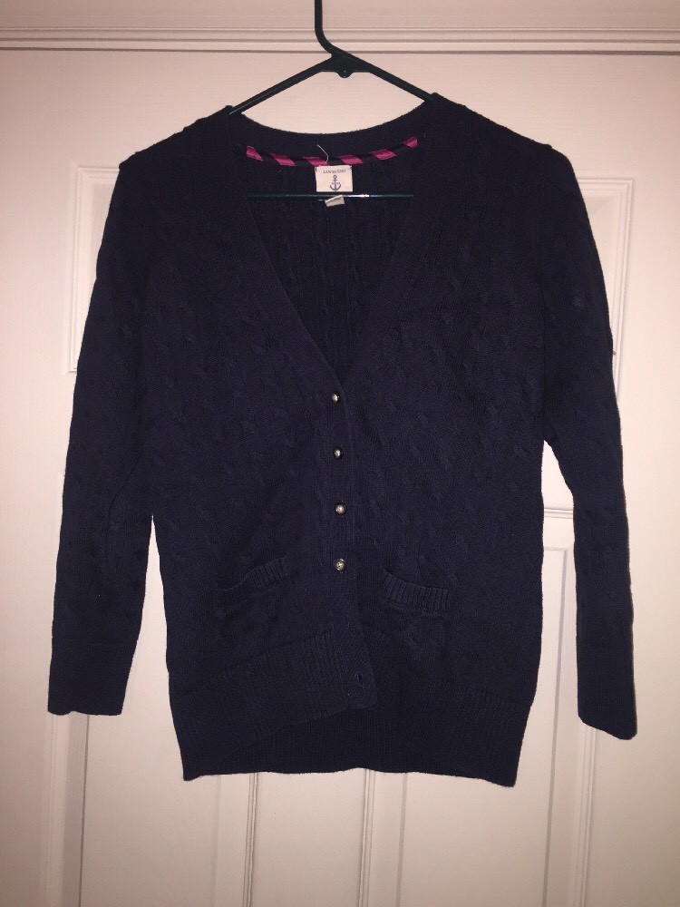 LANDS END Kids Navy Blue Cable Knit Cozy Warm Cardigan Sweater Girls SZ M