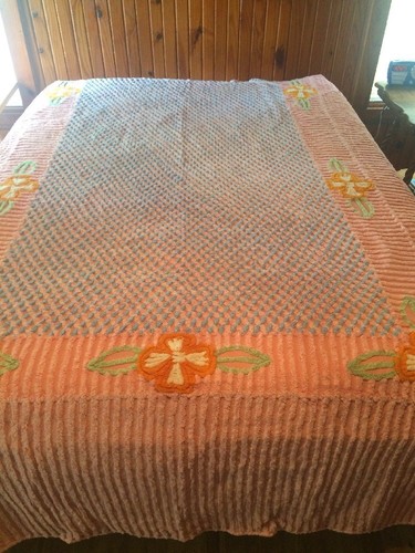 Vintage Thick Plush Chenille Pink Blue Cotton Bedspread Full