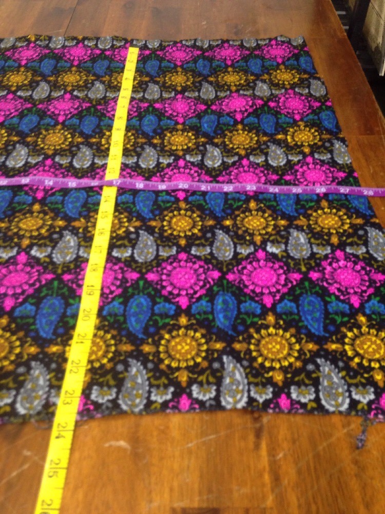 Vtg Fabric Black Bright Neon Pink Gold Flowers 60s Mode 27