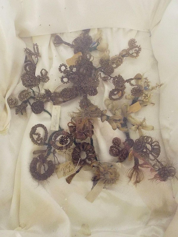 Antique Victorian Mourning Art.  Shadowbox with Hair Wreaths.