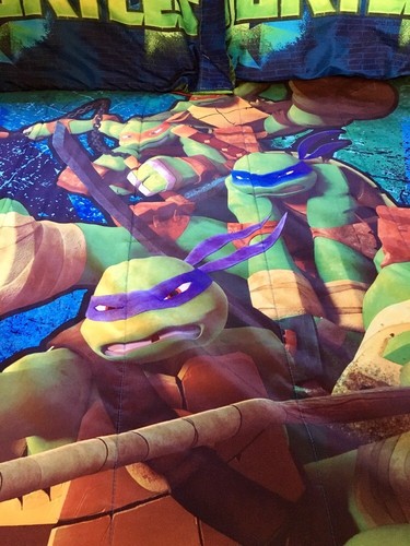 Kids Bedding Set - Ninja Turtle Full Size Reversible Bedding Set With Curtains