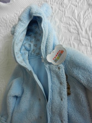 Cuddle Bear Fleece Snowsuit.Size 12 months.  Light baby blue with lined hood.