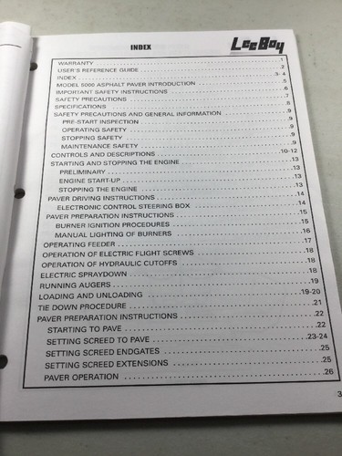 LeeBoy 5000 Path Master Paver Operation, Service, & Parts Manual Book