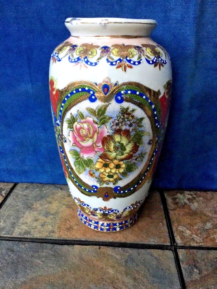Antique Fine Chinese Rose Famille Porcelain Vase ? Gold Inlay Floral CHINA ??j8