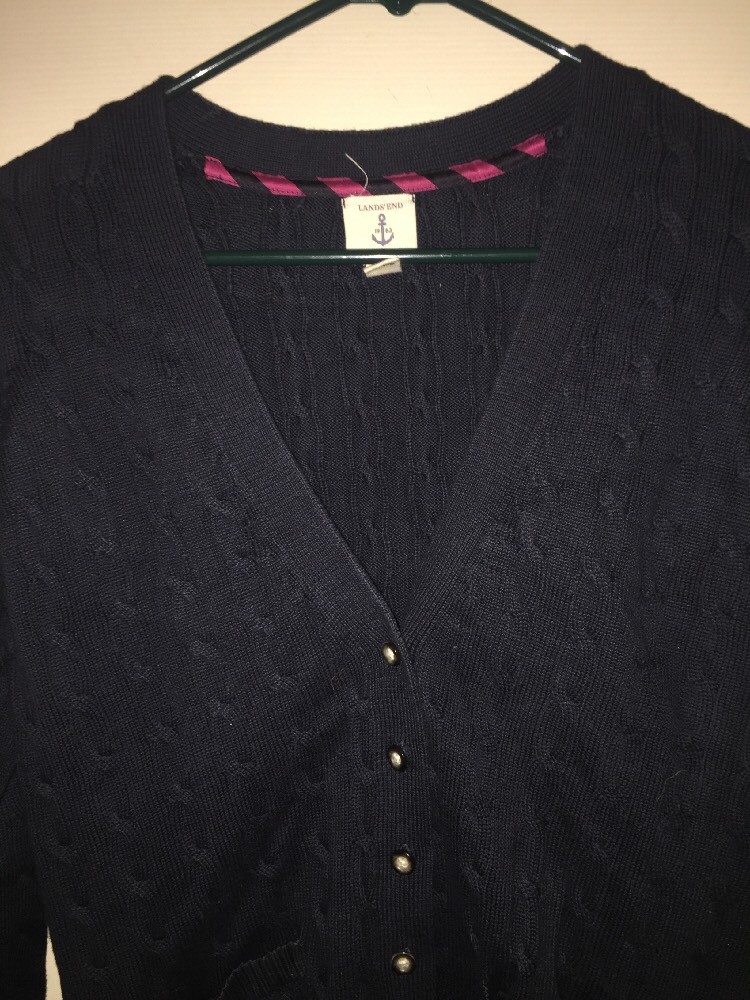 LANDS END Kids Navy Blue Cable Knit Cozy Warm Cardigan Sweater Girls SZ M
