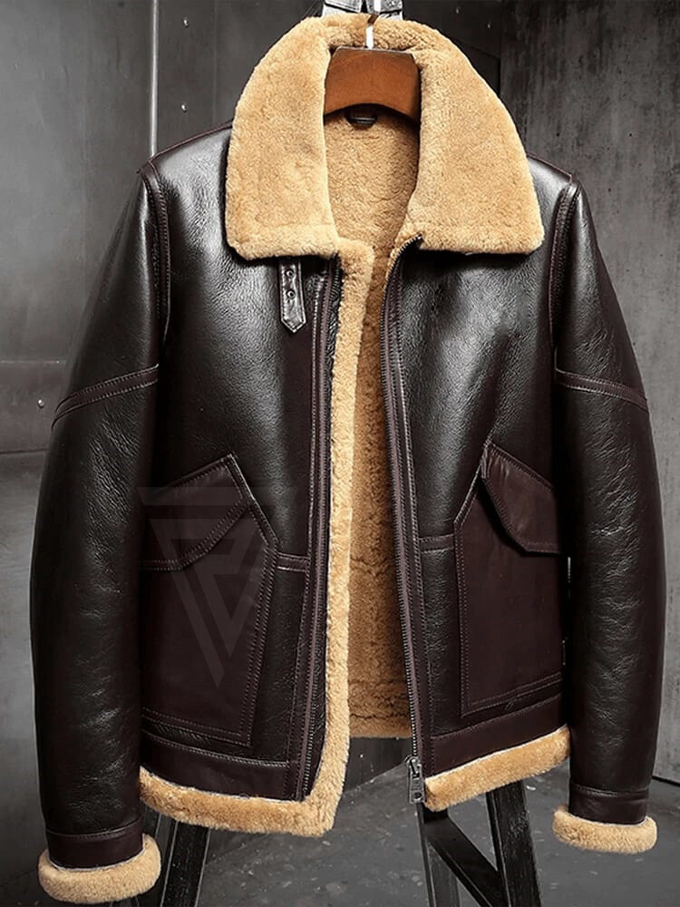 Pre-owned Revoko Mens Dark Brown B3 Shearling Real Leather Bomber Jacket Fur Coat Airforce Flight