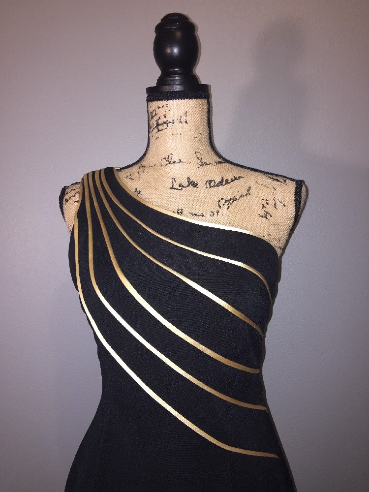 Vintage Joseph Ribkoff Women’s US 8 Black One Shoulder Gold Line Cocktail Dress