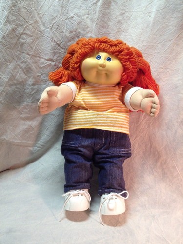 VTG Cabbage Patch Doll Redhead Blue Eyed Girl Denim Jeans Strip Shirt 1982-84