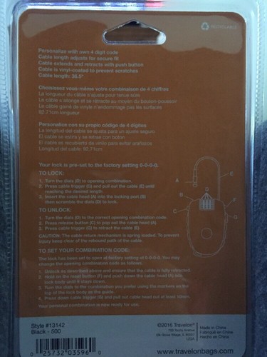 Travelon Retractable Cable Lock, Black