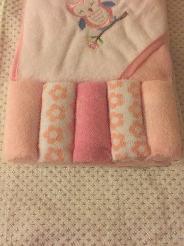 Swiggles Hooded Towel and Washcloth Set Pink Owl GIRLS 6 Piece Set