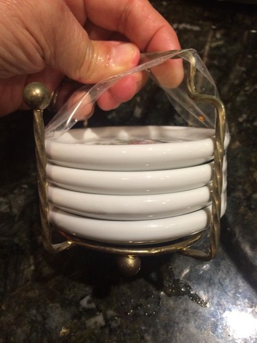 Vintage Porcelain Coaster Set In Holder