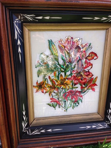 Vintage Foil Art Framed Tiger Lilies Carved Wood PAIR