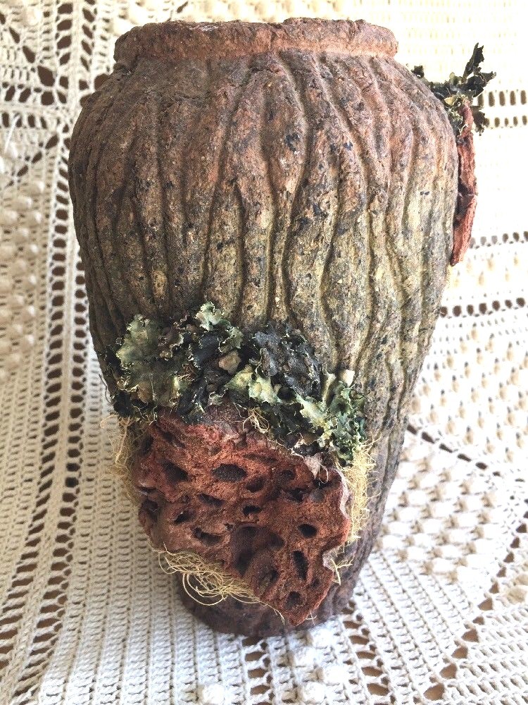 Antique VAN BRIGGLE Fungus Mushroom Tree Bark Rustic Raku Handmade Vase Pottery