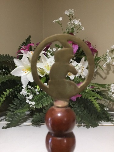 Vintage Wood handle Bell Metal Brass Elephant finial 12” tall Etched Floral