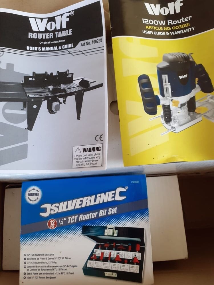 Wolf 1200w Router and Wolf Router Table Plus Router bits New in Box