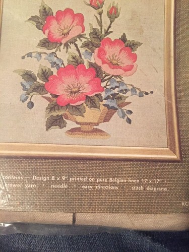 Vintage Elsa Williams Crewel Pillow Picture Kit Bowl Wild Roses KC286  8x9