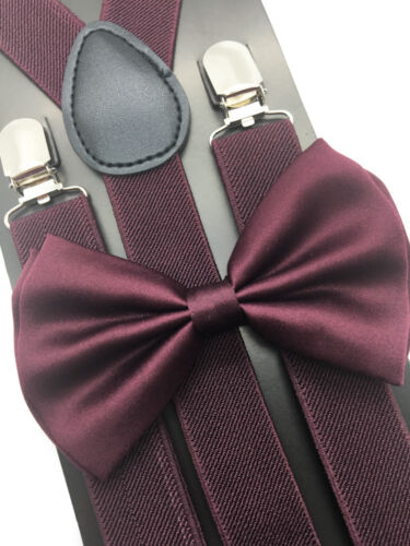 Burgundy Suspender + Clip On Bow-tie Matching Set For Adults Men Women 