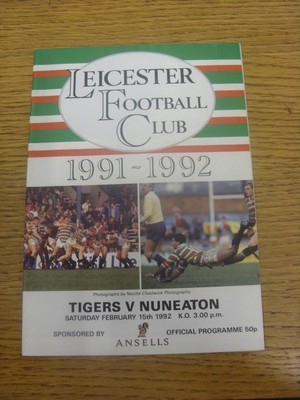 15/02/1992 Rugby Union Programme: Leicester v Nuneaton  . Any faults are noted i