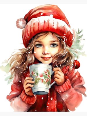 Watercolor Hot Chocolate Christmas Girl #2 - 8x8 Cotton Craft Quilt Fabric Block