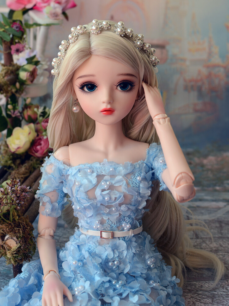 1/3 24in BJD Doll Girl Full Set Blue Long Dress Long Curly