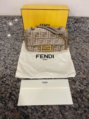 Fendi Baguette Chain Dove-Grey Tapestry FF Shoulder Bag in