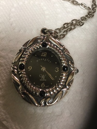 Vintage WRANGLER pendant necklace watch and  chain Black Face 4 Black Stones