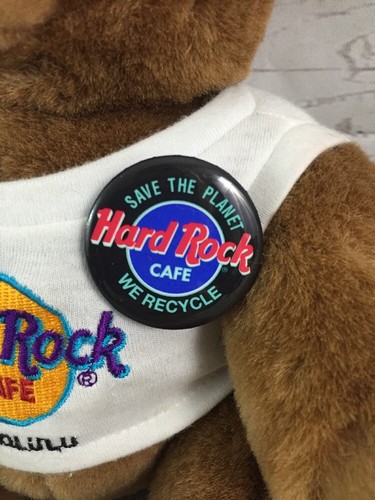 Hard Rock Cafe Honolulu Teddy Bear Brown Plush White Shirt And Recycle Button