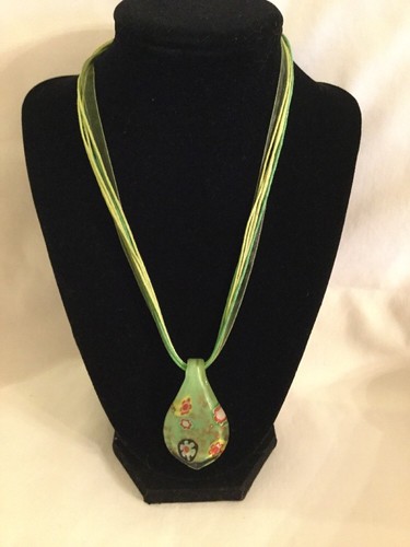 Vintage Green Lampwork Foil Glass Pendant 17” To 18.5” Ribbon Necklace