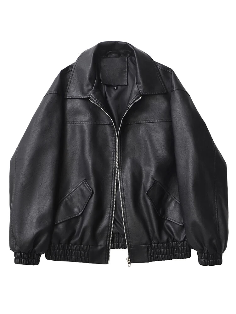 【未使用】round short fake leather jacket Women Imitation Leather Jacket Asymmetrical Zipper Short