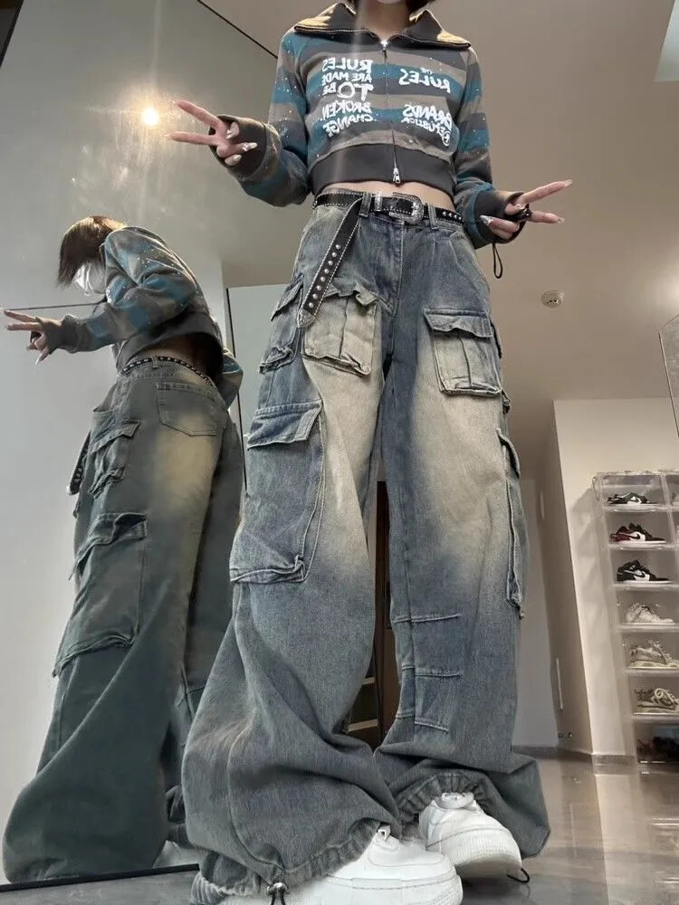Women Wide-leg Cargo Pants Summer high-waisted y2k baggy