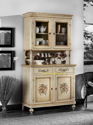 CRISTALLIERA CREDENZA  DIPINTA A MANO  DECORATA PENNELLATO INVECCHIATO